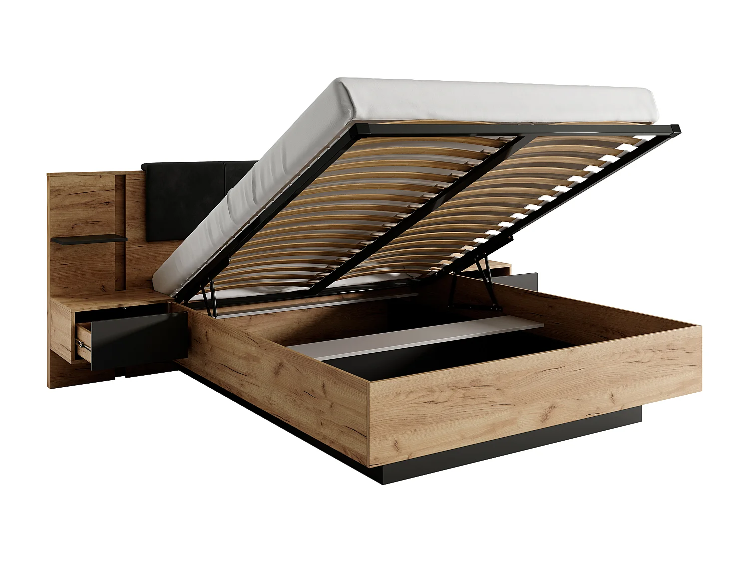 Bett mit Bettkasten mit Nachttischen + Matratze - 140 x 190 cm - Mit LED-Beleuchtung - Holzfarben & Anthrazit - ELYNIA