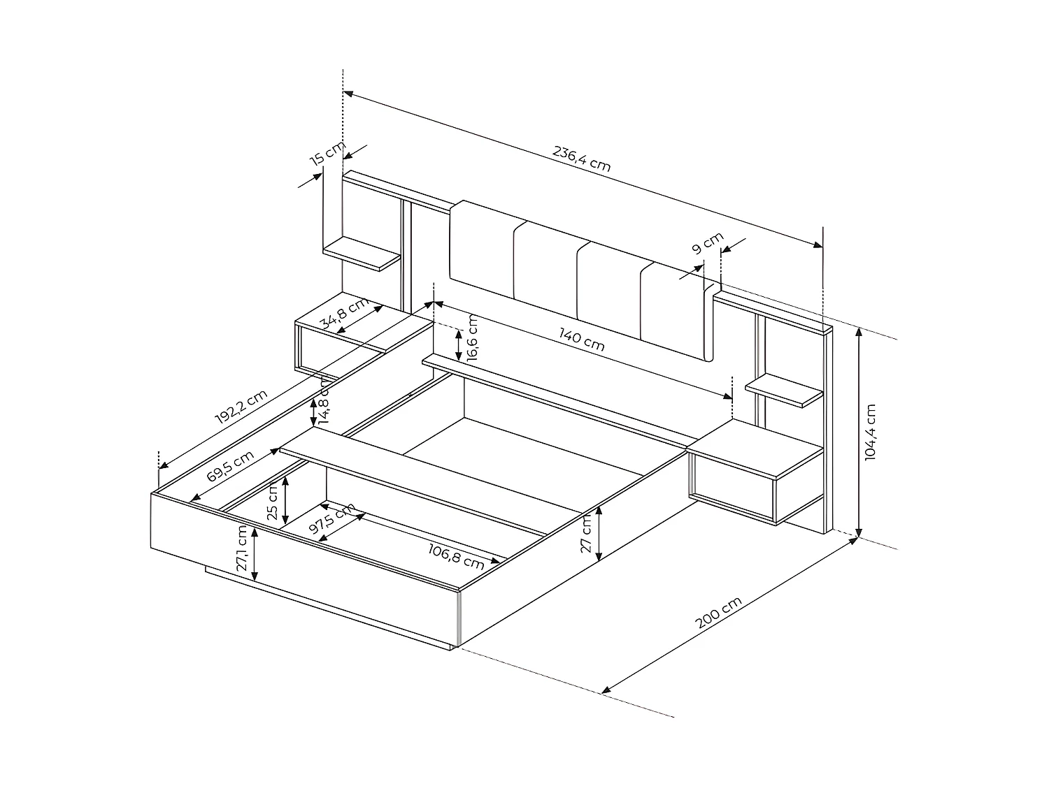Bett mit Bettkasten mit Nachttischen + Matratze - 140 x 190 cm - Mit LED-Beleuchtung - Holzfarben & Anthrazit - ELYNIA