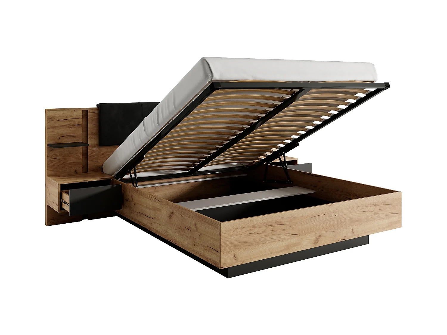 Lit coffre avec chevets 140 x 190 cm - Avec LEDs - Coloris : Naturel et anthracite + Matelas - ELYNIA