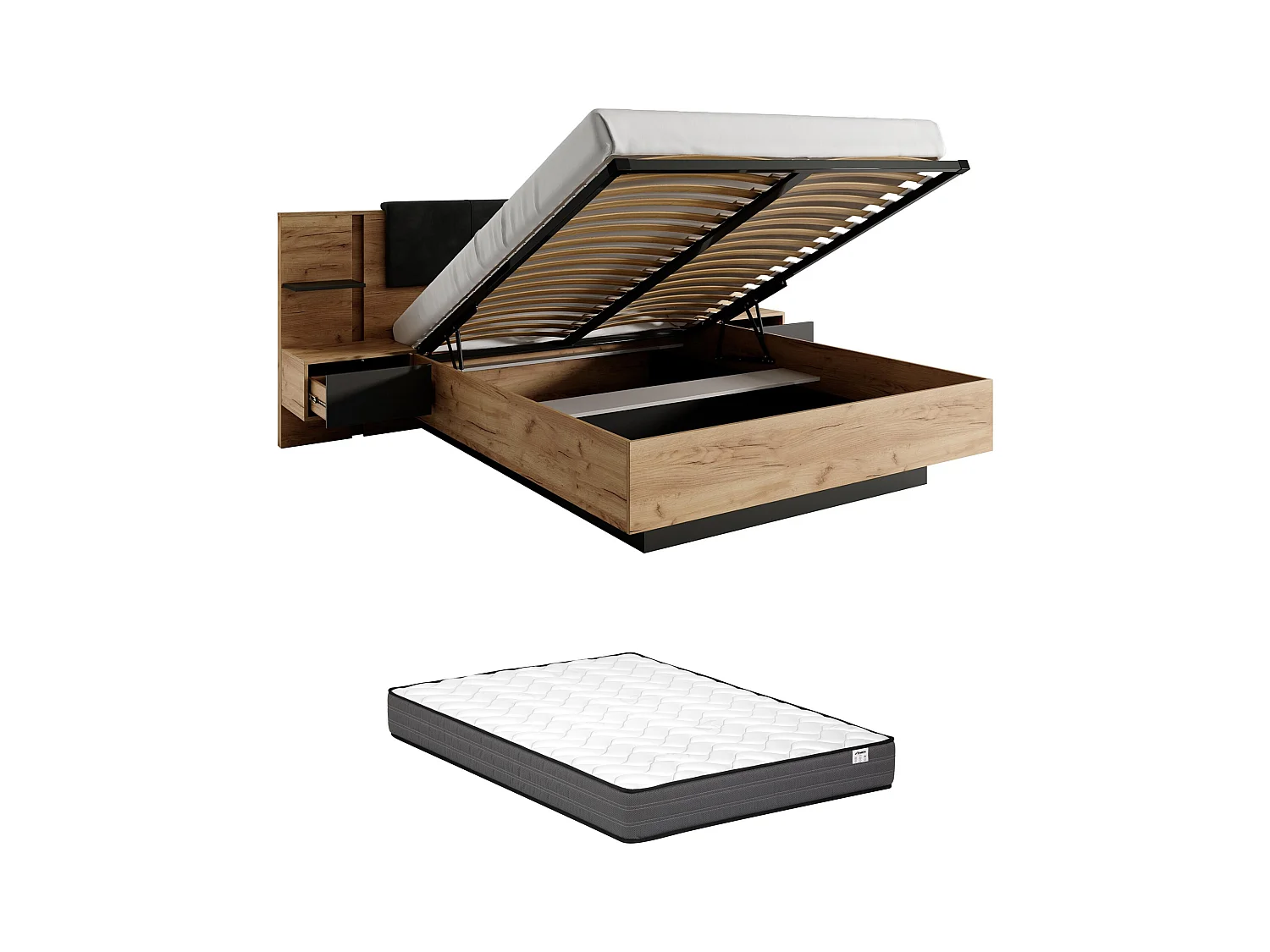 Lit coffre avec chevets 140 x 190 cm - Avec LEDs - Coloris : Naturel et anthracite + Matelas - ELYNIA