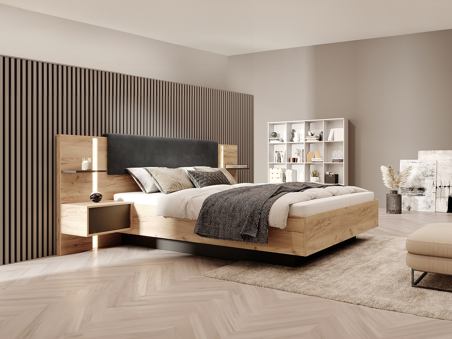Vente-unique Bett Mit Bettkasten Mit Nachttischen + Matratze - 140 X 190 Cm - Mit Led-Beleuchtung - Holzfarben & Anthrazit - Elynia