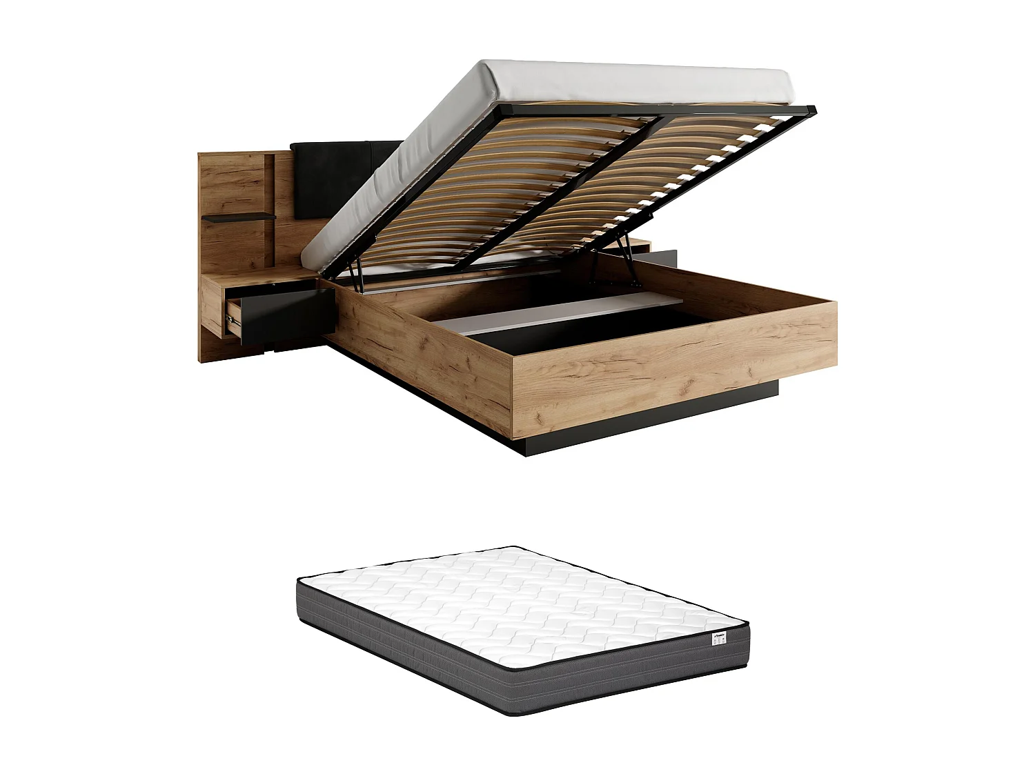Lit coffre avec chevets 140 x 190 cm - Avec LEDs - Coloris : Naturel et anthracite + Matelas - ELYNIA