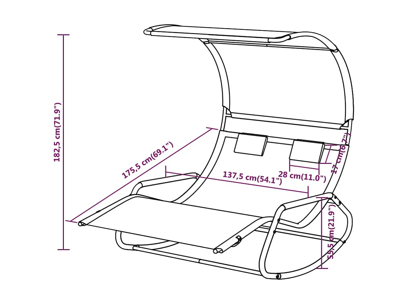 Chaise longue double à bascule avec auvent Noir et crème