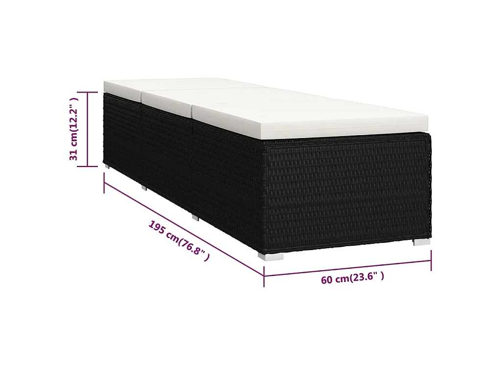 Chaises longues de jardin table à thé 3 pcs Résine tressée Noir