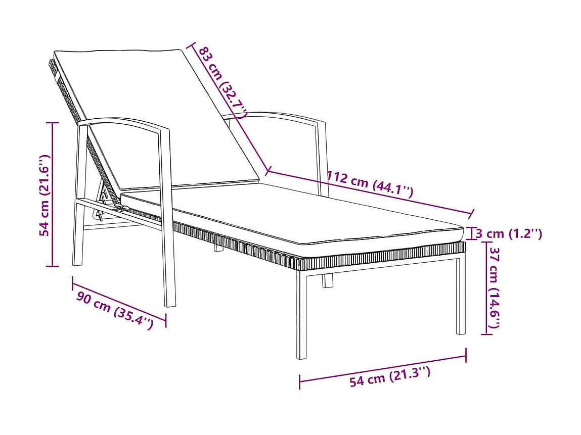 Chaise longue de jardin avec coussin Résine tressée Noir