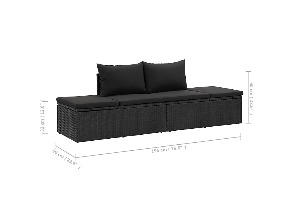 Chaise longue avec coussins Résine tressée Noir