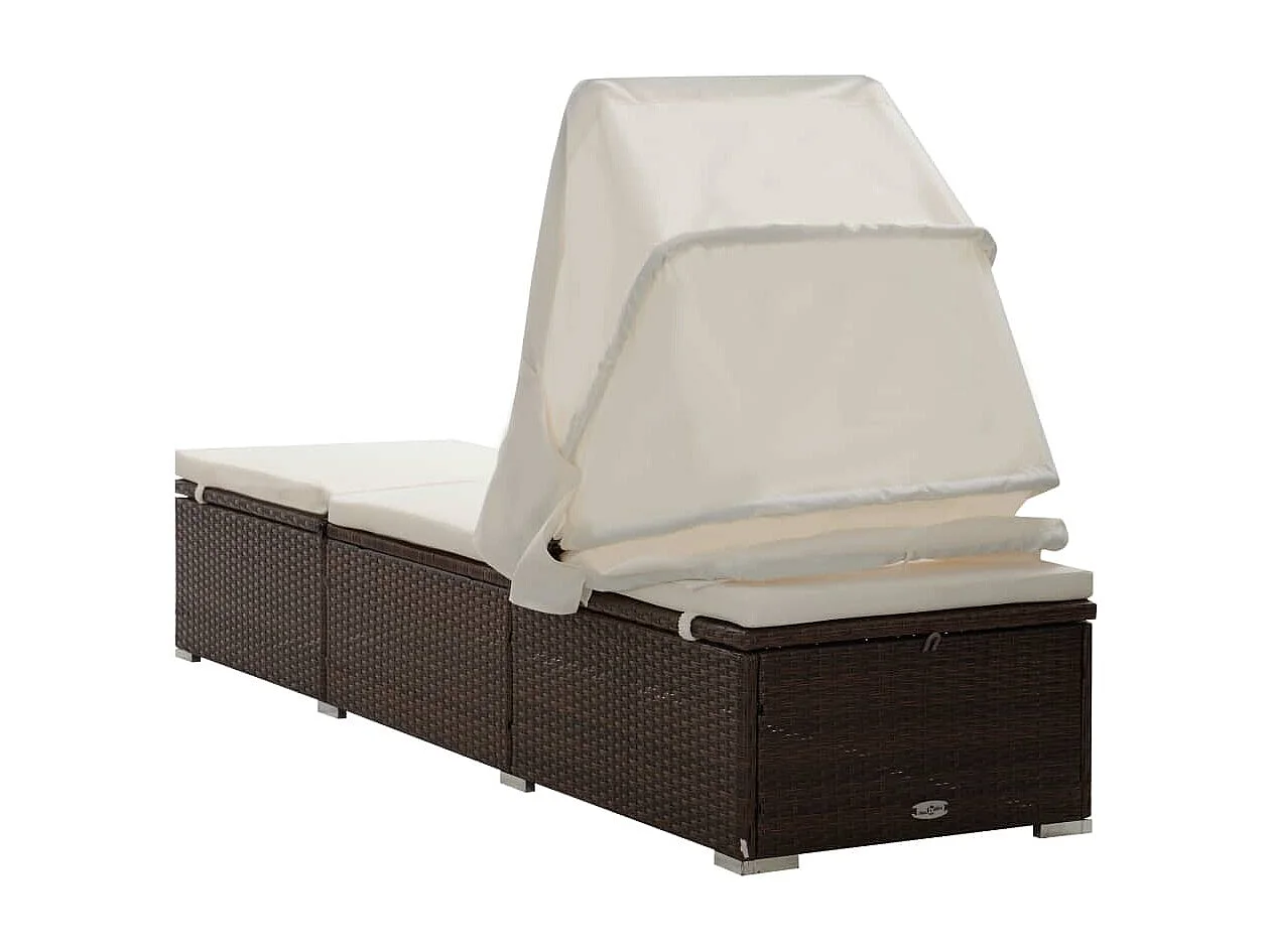 Chaise longue avec auvent et coussin Résine tressée Marron