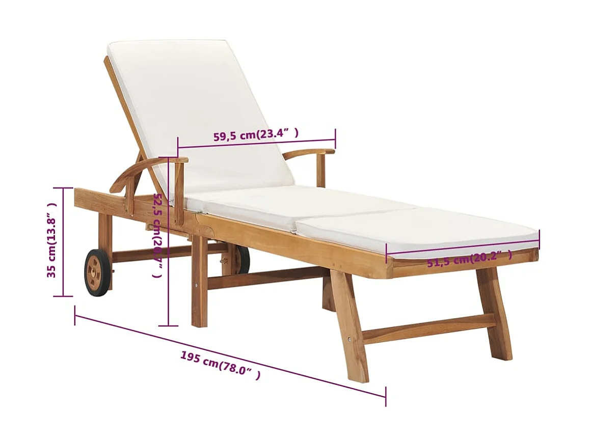 Chaise longue avec coussin Bois de teck solide Crème