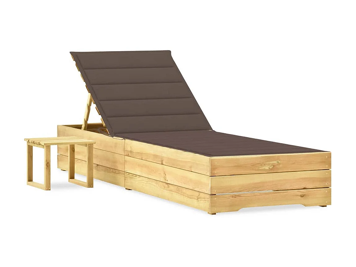 Gartenliegestuhl mit Tisch und Kissen. Imprägniertes Kiefernholz