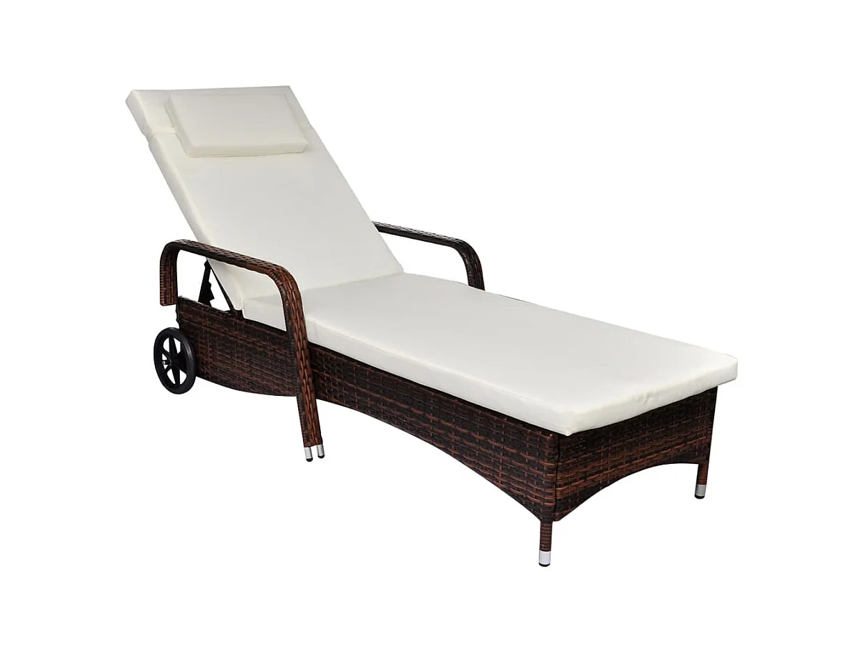 Chaise longue avec coussin et roues Résine tressée Marron