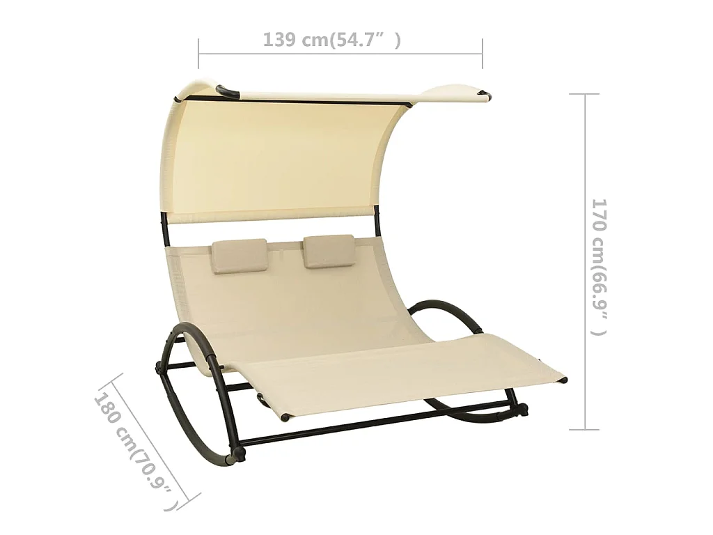Chaise longue double avec auvent Textilène Crème