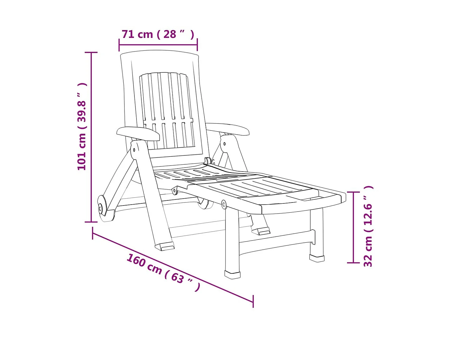 Chaise longue pliable avec roues vert PP
