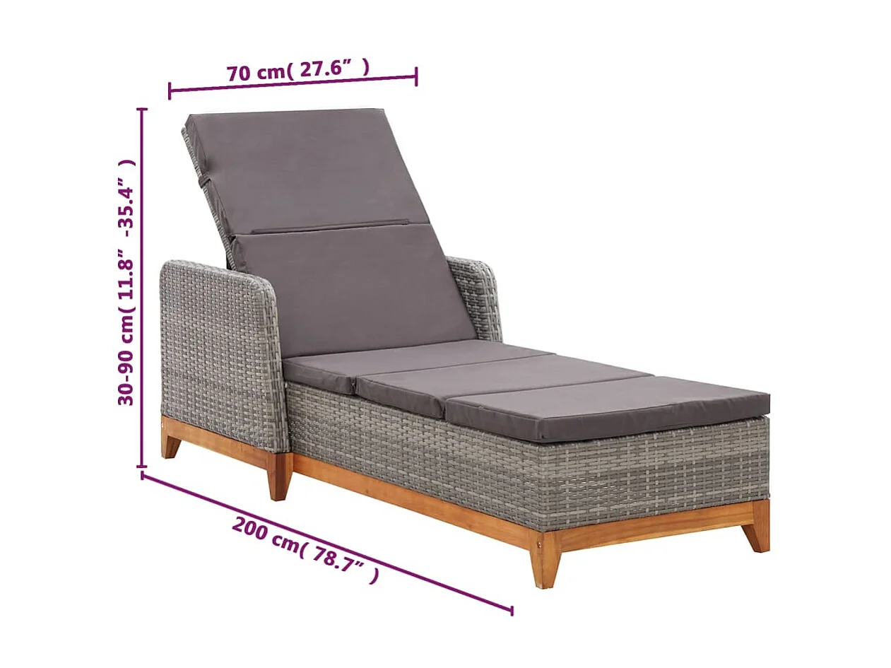 Chaise longue Résine tressée et bois d'acacia massif Gris