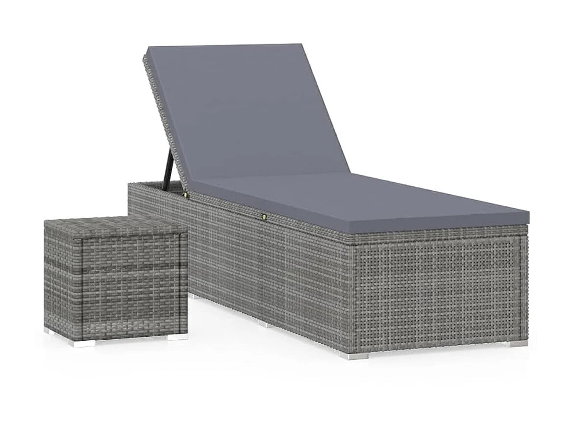 Chaise longue avec coussin et table à thé Résine tressée Gris