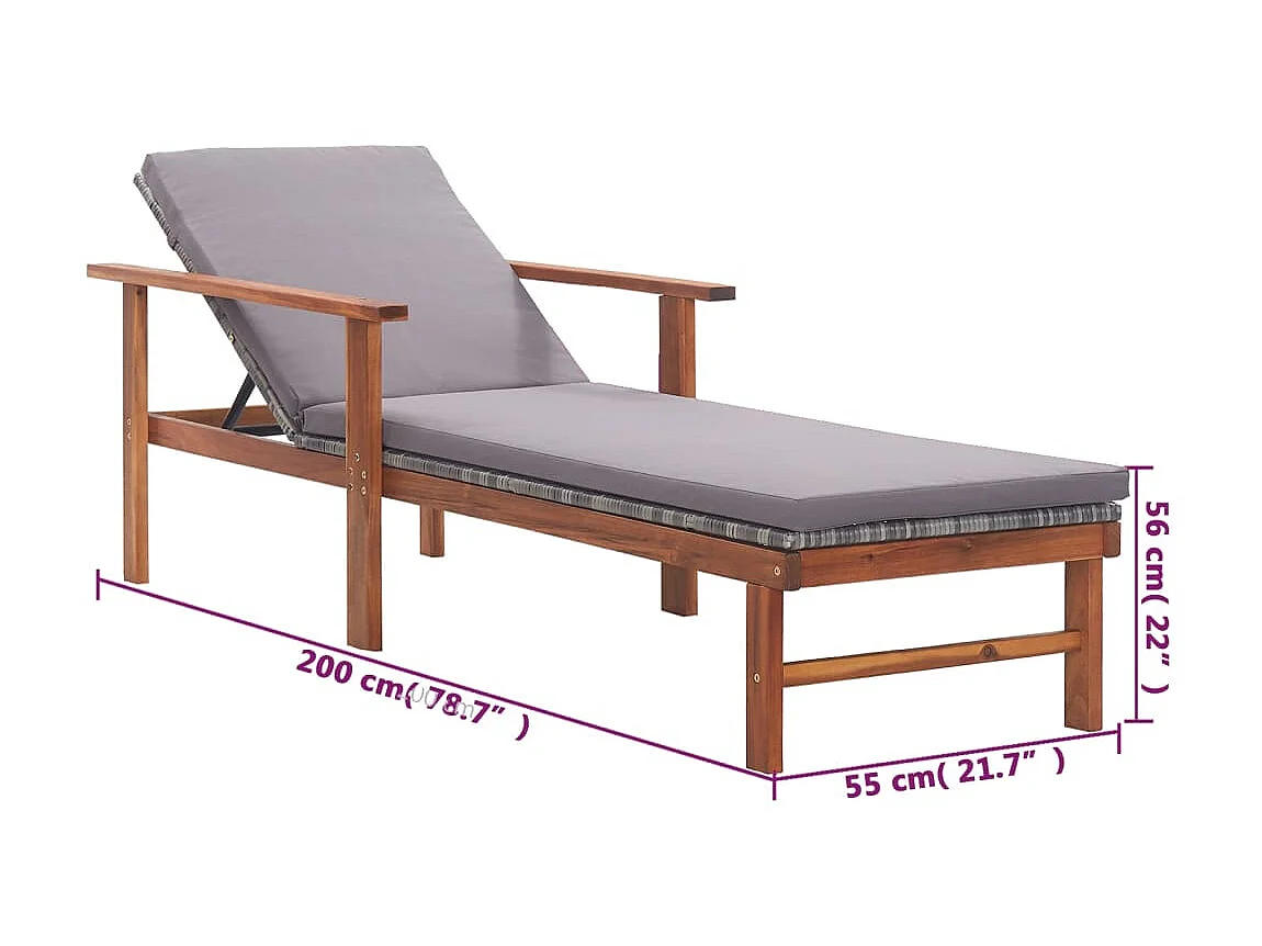 Chaise longue et coussin Résine tressée et bois d'acacia Gris