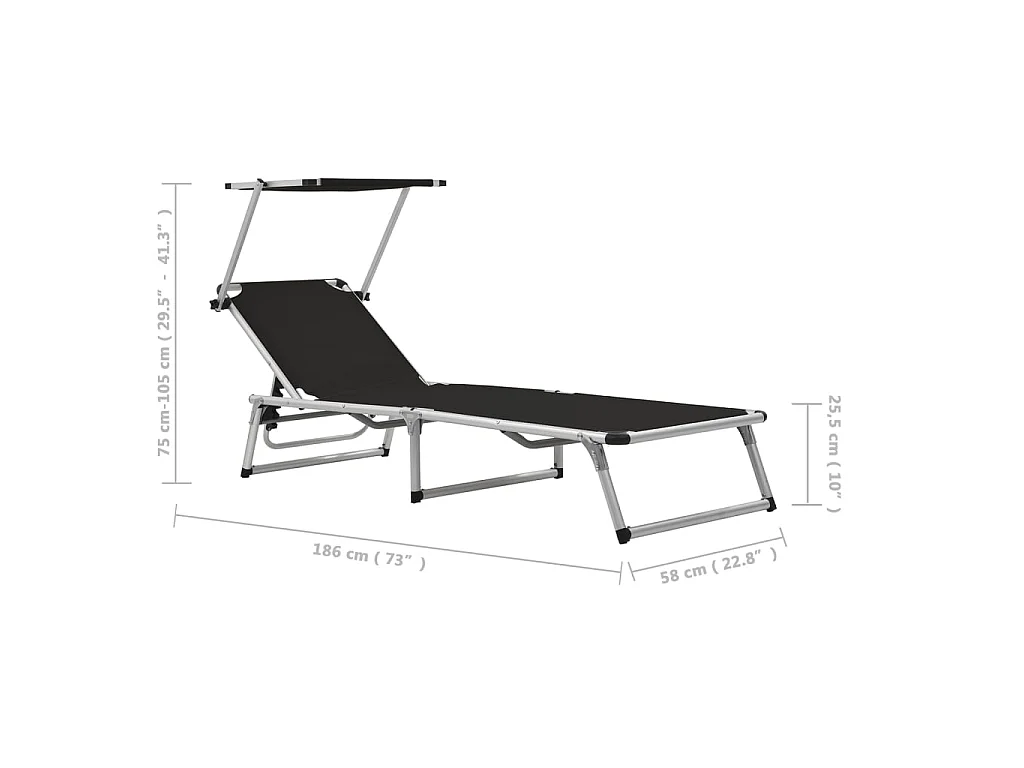 Chaise longue pliable avec auvent Aluminium et textilène Noir