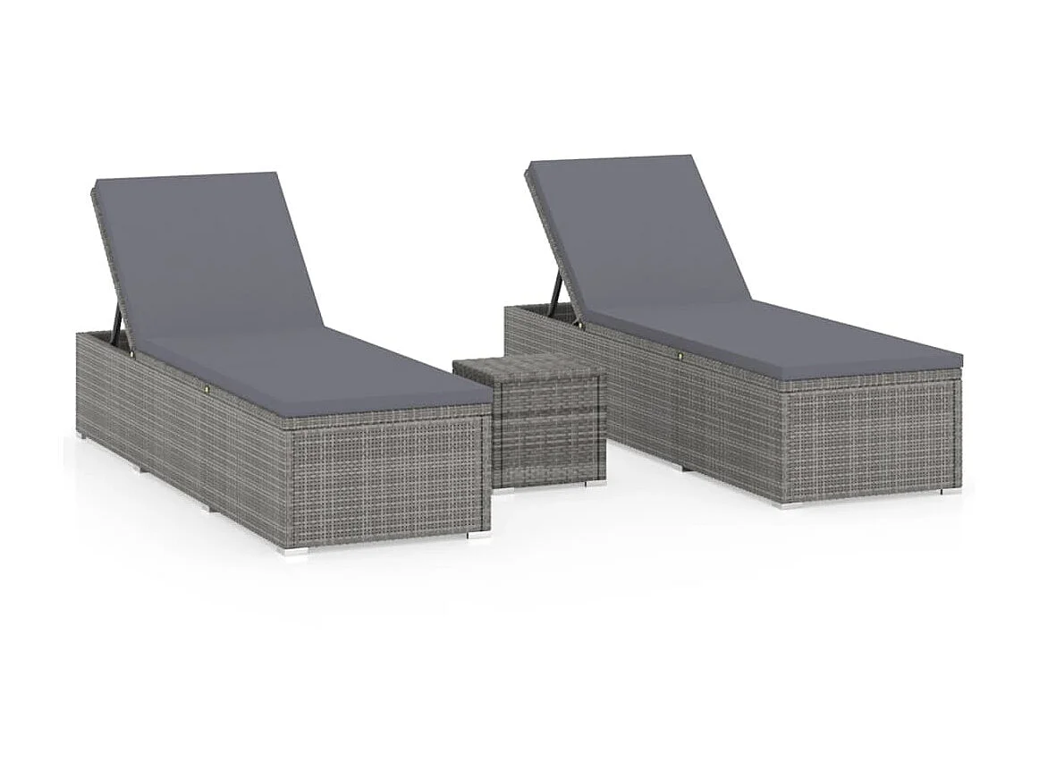 Chaises longues de jardin table à thé 3 pcs Résine tressée Gris