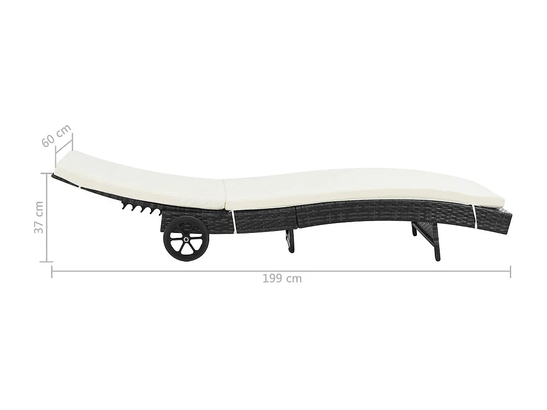 Chaise longue avec roues et coussin Résine tressée Noir