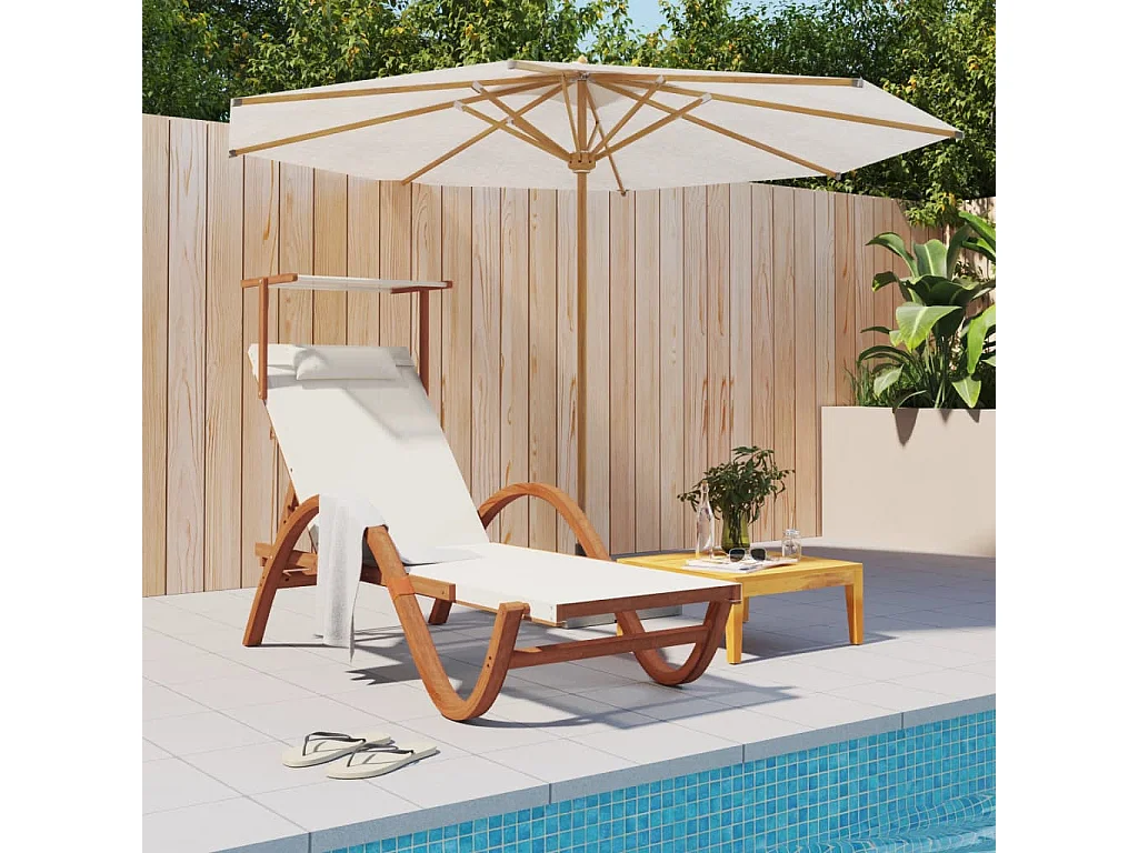 Chaise longue avec auvent blanc textilène/bois massif peuplier