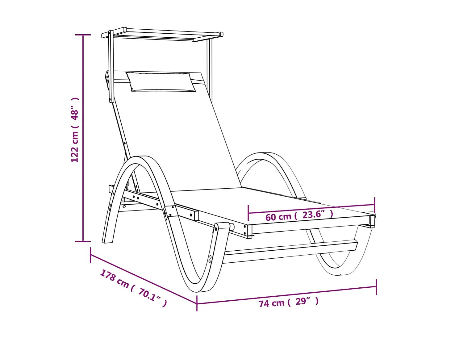 Chaise longue avec auvent blanc textilène/bois massif peuplier