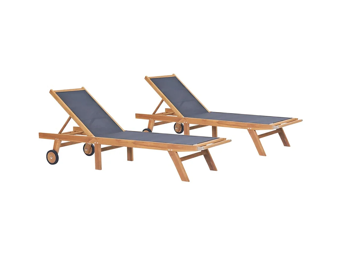 Chaises longues pliables avec roulettes 2 pcs Teck et textilène