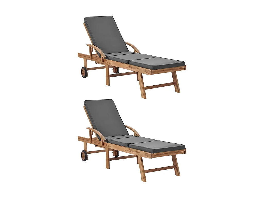 Chaises longues et coussins 2pcs Bois de teck solide Gris foncé