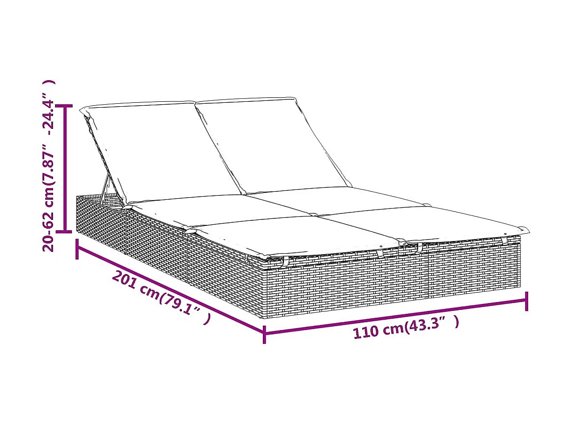 Chaise longue à 2 places avec coussins noir résine tressée
