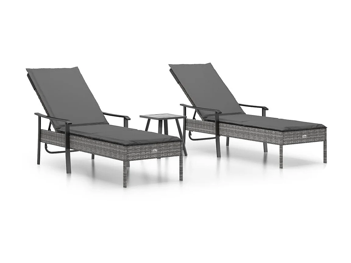 Chaises longues 2pcs avec table et coussins gris résine tressée