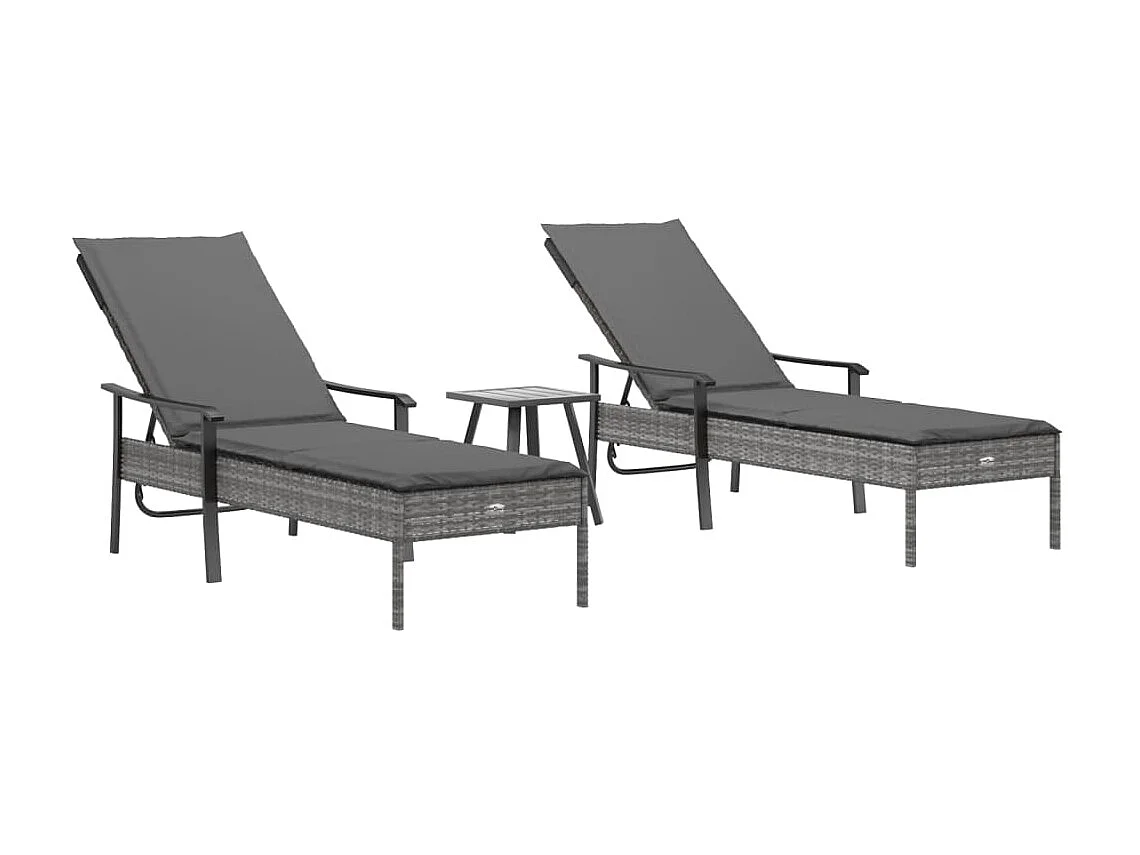 Chaises longues 2pcs avec table et coussins gris résine tressée