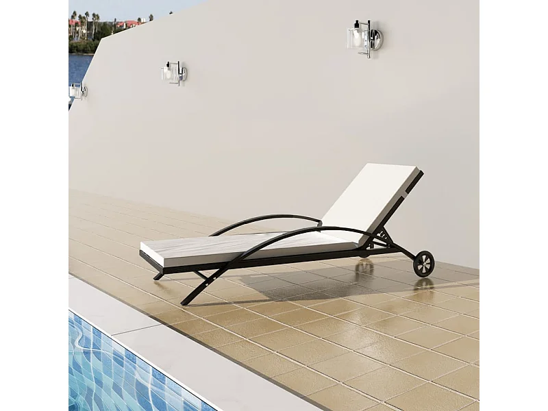 Chaise longue avec coussin et roues Résine tressée Noir