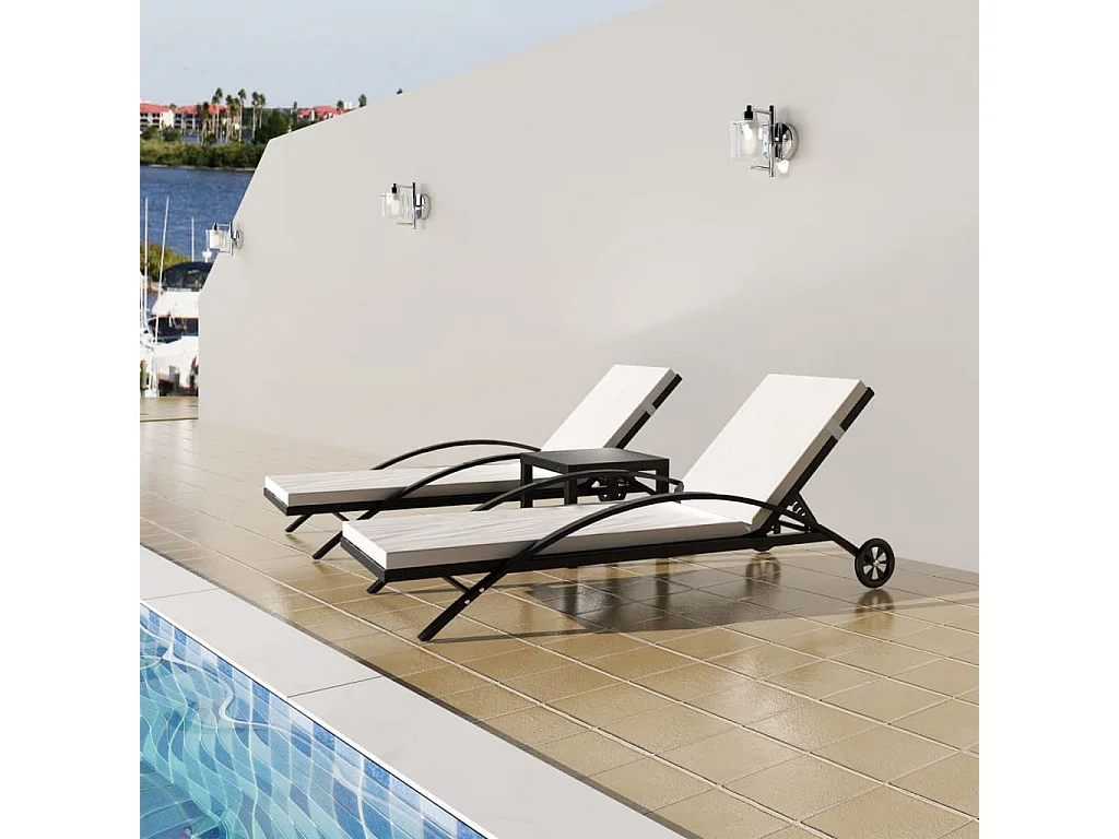 Chaises longues avec table Résine tressée Noir