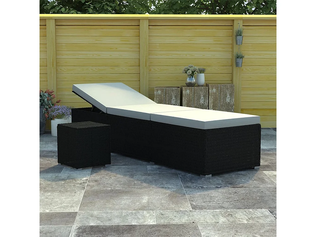 Chaise longue et table à thé Résine tressée Blanc crème