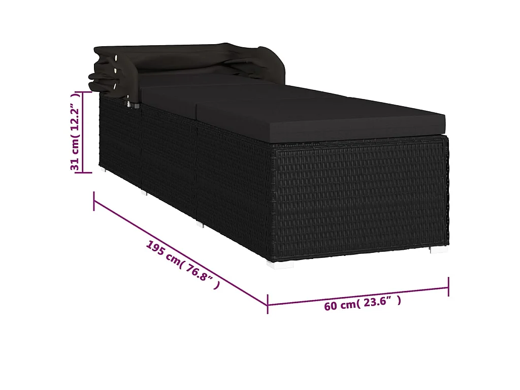 Espreguiçadeira com dossel e almofada Resina vime Preto