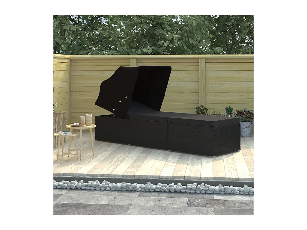 Chaise longue avec auvent et coussin Résine tressée Noir