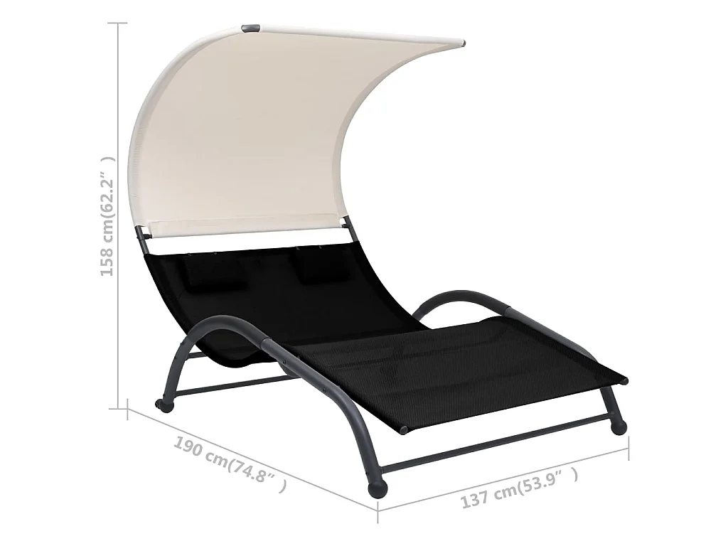 Chaise longue double avec auvent Textilène Noir