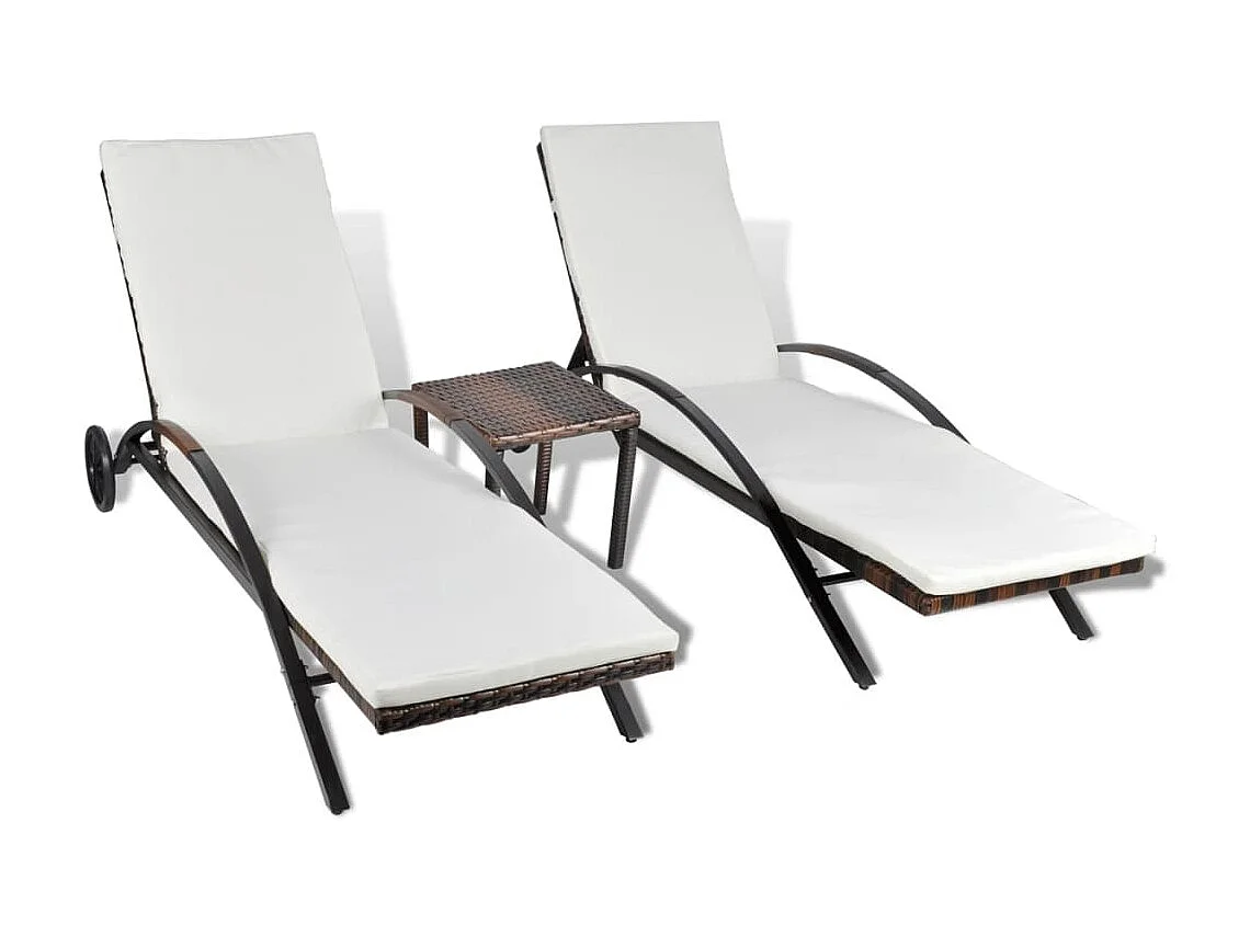 Chaises longues avec table Résine tressée Marron