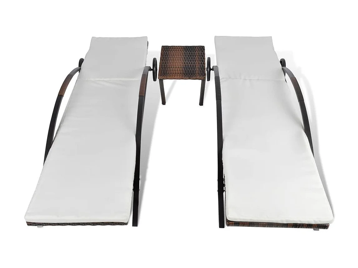 Chaises longues avec table Résine tressée Marron