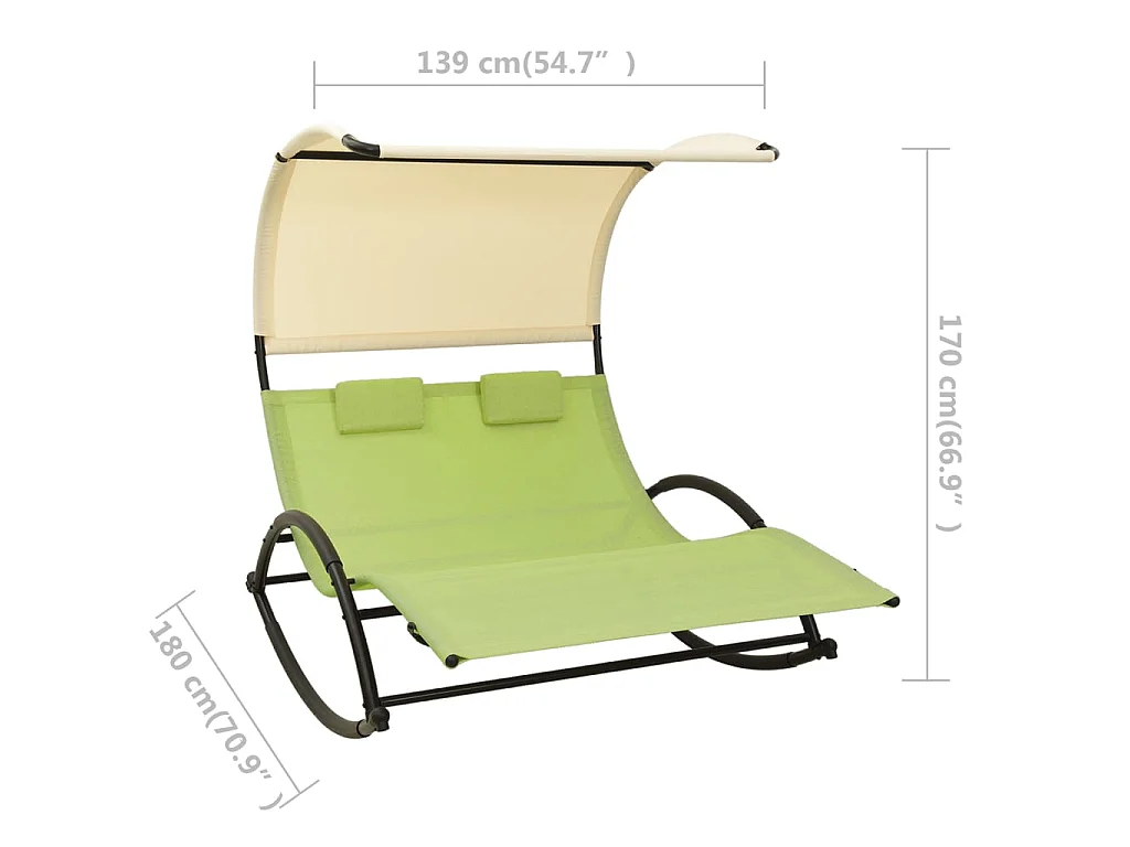 Chaise longue double avec auvent Textilène Vert et crème