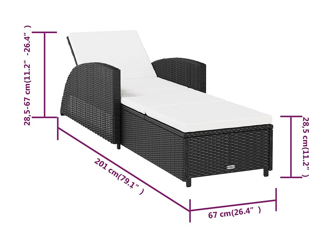 Chaise longue avec coussin blanc crème Résine tressée Noir