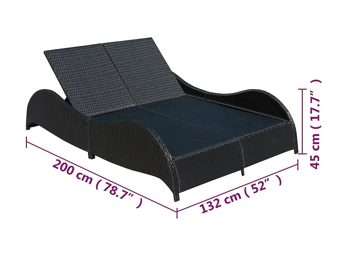 Chaise longue double avec coussin Résine tressée Noir