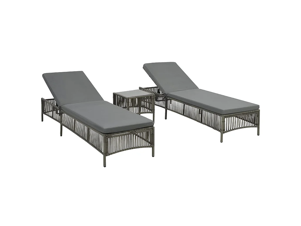 Chaises longues 2 pcs avec table Résine tressée Gris