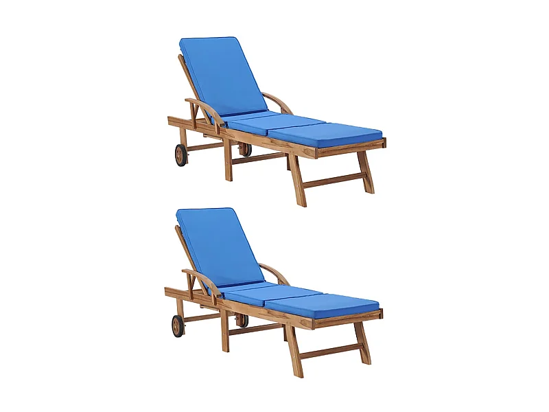Chaises longues avec coussins 2 pcs Bois de teck solide Bleu