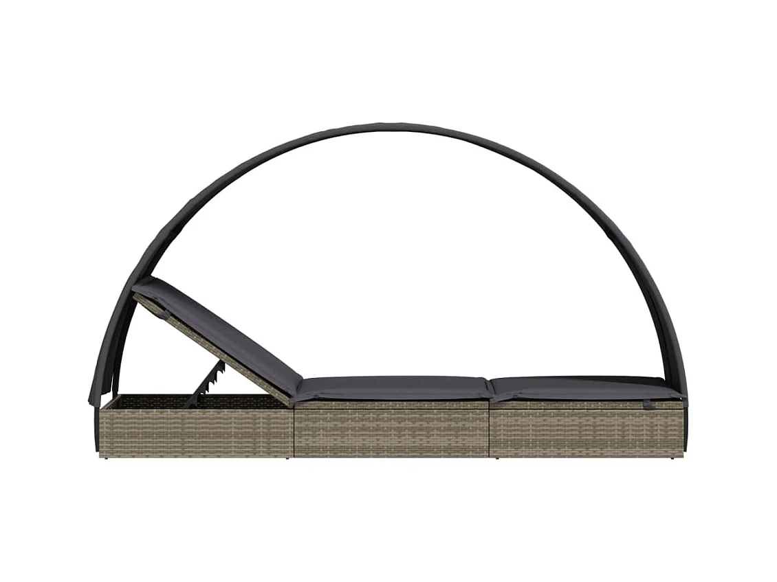 Chaise longue avec toit rond gris 211x57x140 cm résine tressée