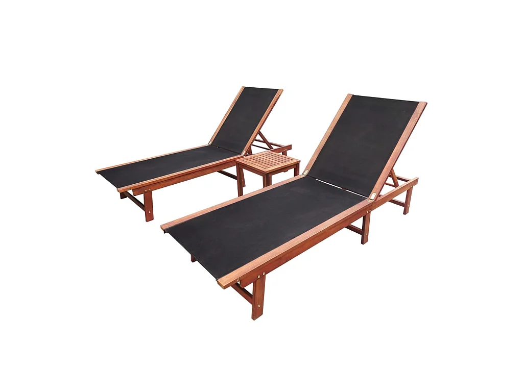 Chaises longues 2pcs et table Bois d'acacia solide et textilène