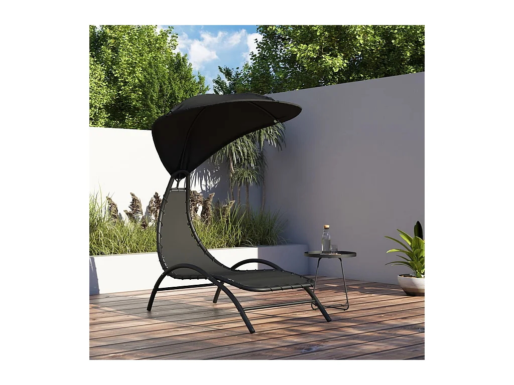 Chaise longue avec auvent noir 167x80x195 cm tissu et acier
