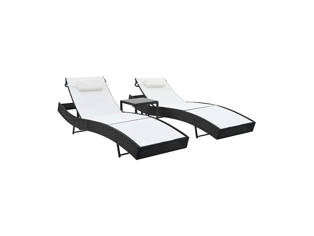 Chaises longues 2 pcs et table Résine tressée et textilène Noir
