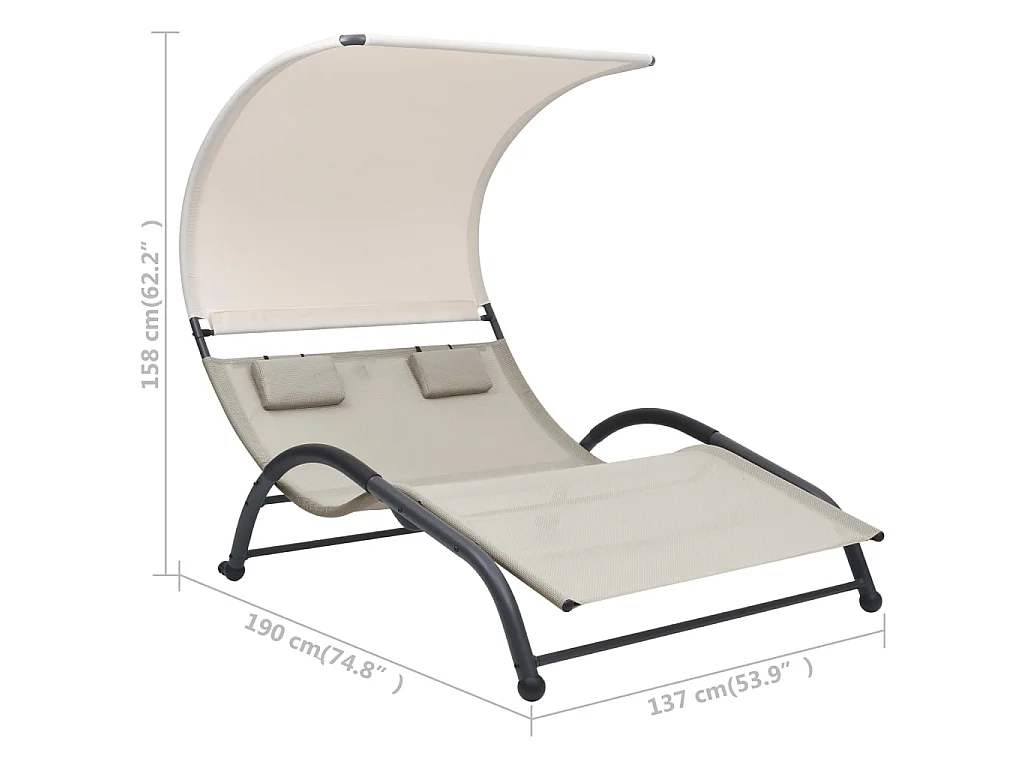 Chaise longue double avec auvent Textilène Crème
