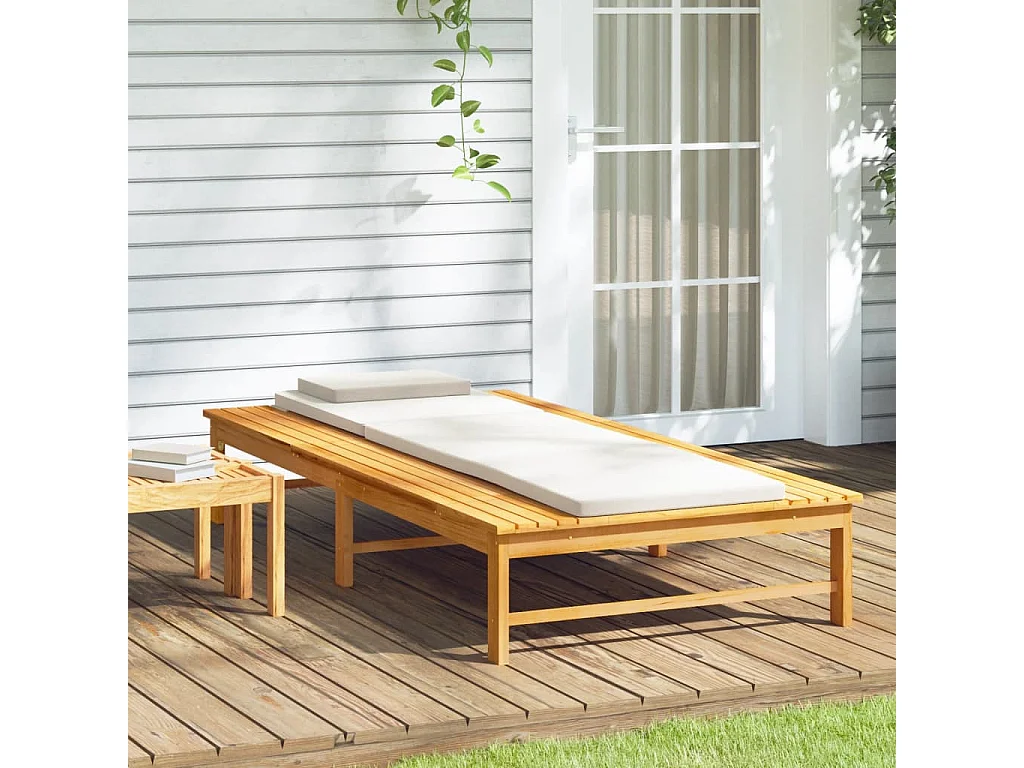 Chaise longue coussin/oreiller blanc crème bois massif acacia