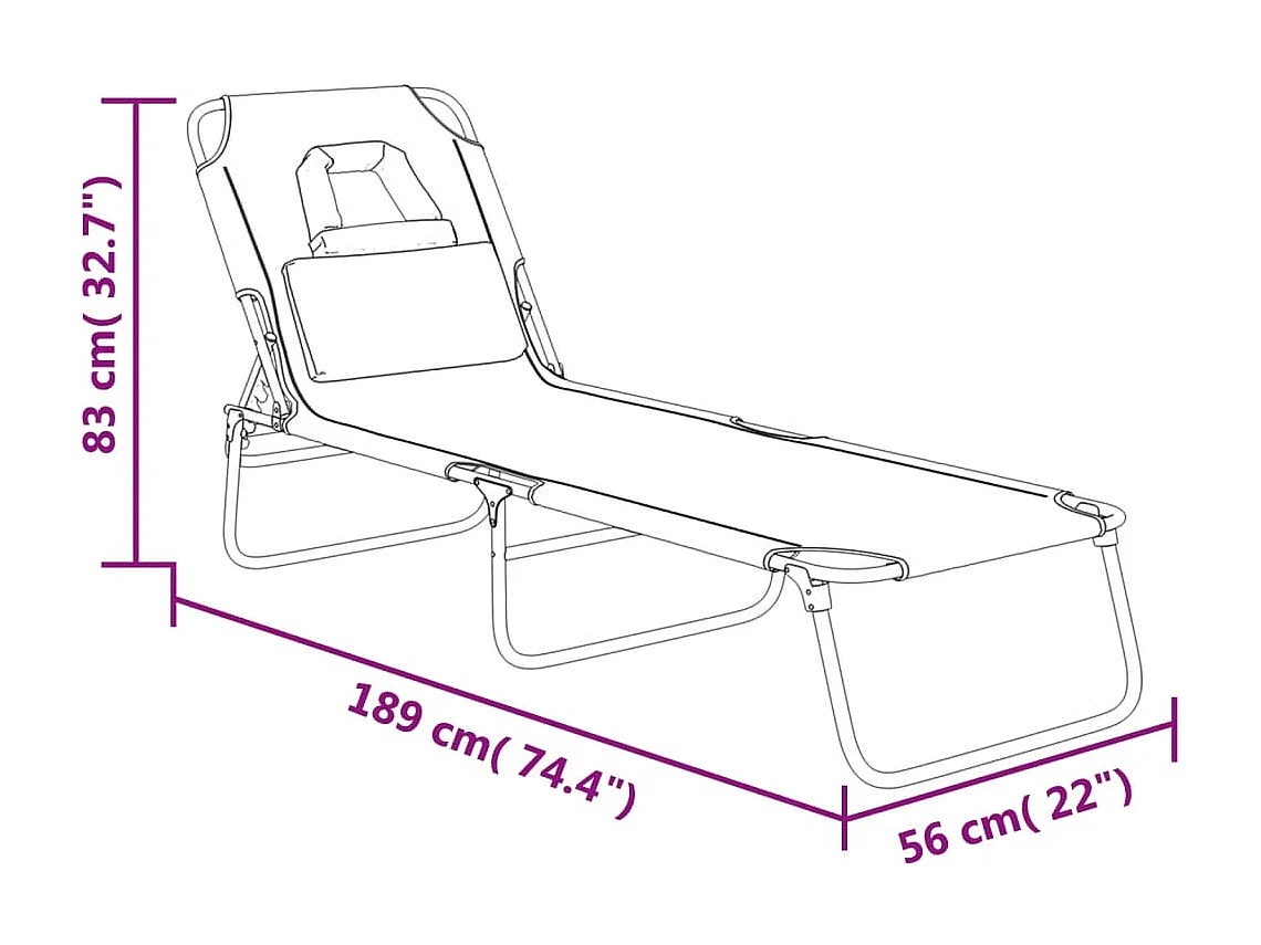 Chaise longue pliante gris tissu oxford acier enduit de poudre