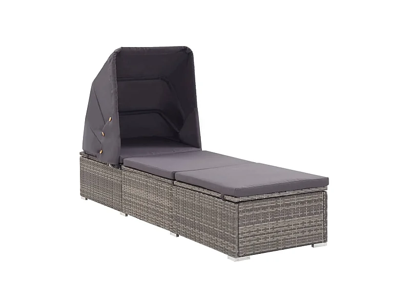 Chaise longue avec auvent et coussin Résine tressée Gris